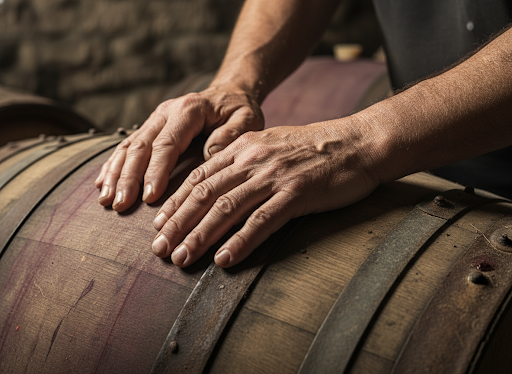 Hands resting on aged oak barrel